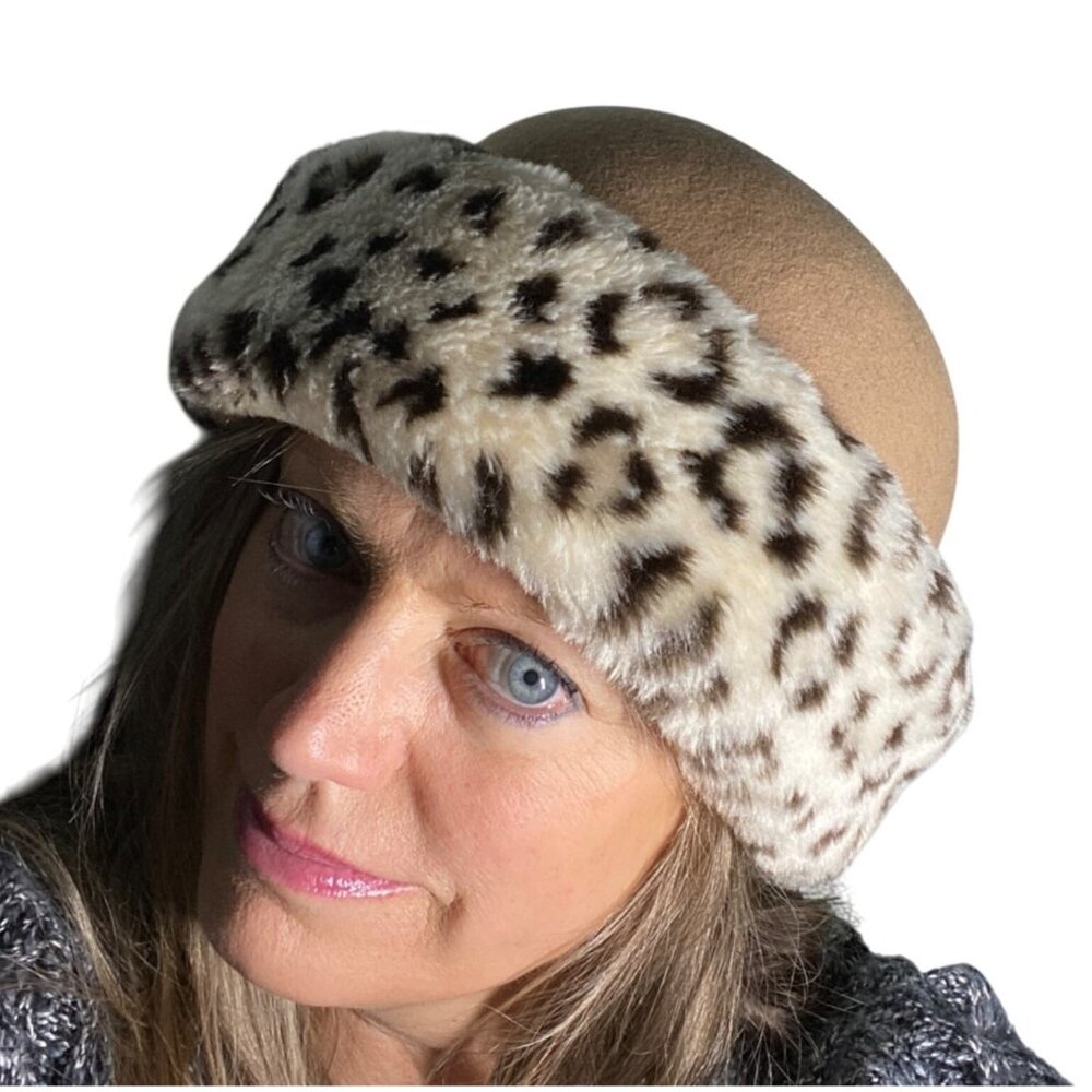 NWOT Vintage Commodore Faux Fur Leopard Print & Wool Hat For Women os camel tan